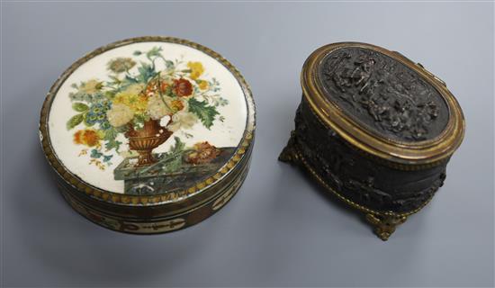 A 19th century painted ivory circular snuff box and a patinated copper trinket box (2) Snuff box 11cm. diameter